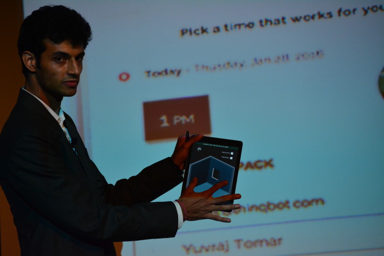 Thinqbot founder and CEO Yuvraj Tomar presents his company's IoT-coordinating technology at Launch (photo credit: Masaki Masuda, Techwave.jp)